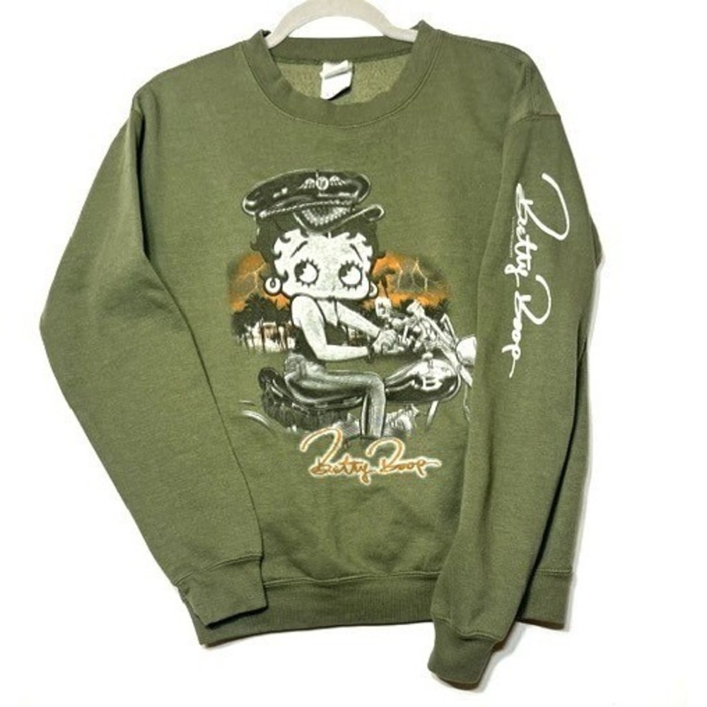 VTG Brisco Betty Boop Olive Green Motorcycle‎ Graphic Sweatshirt Sz S